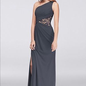 David’s Bridal One-Shoulder Mesh Dress with Side Lace Inset in PEWTER